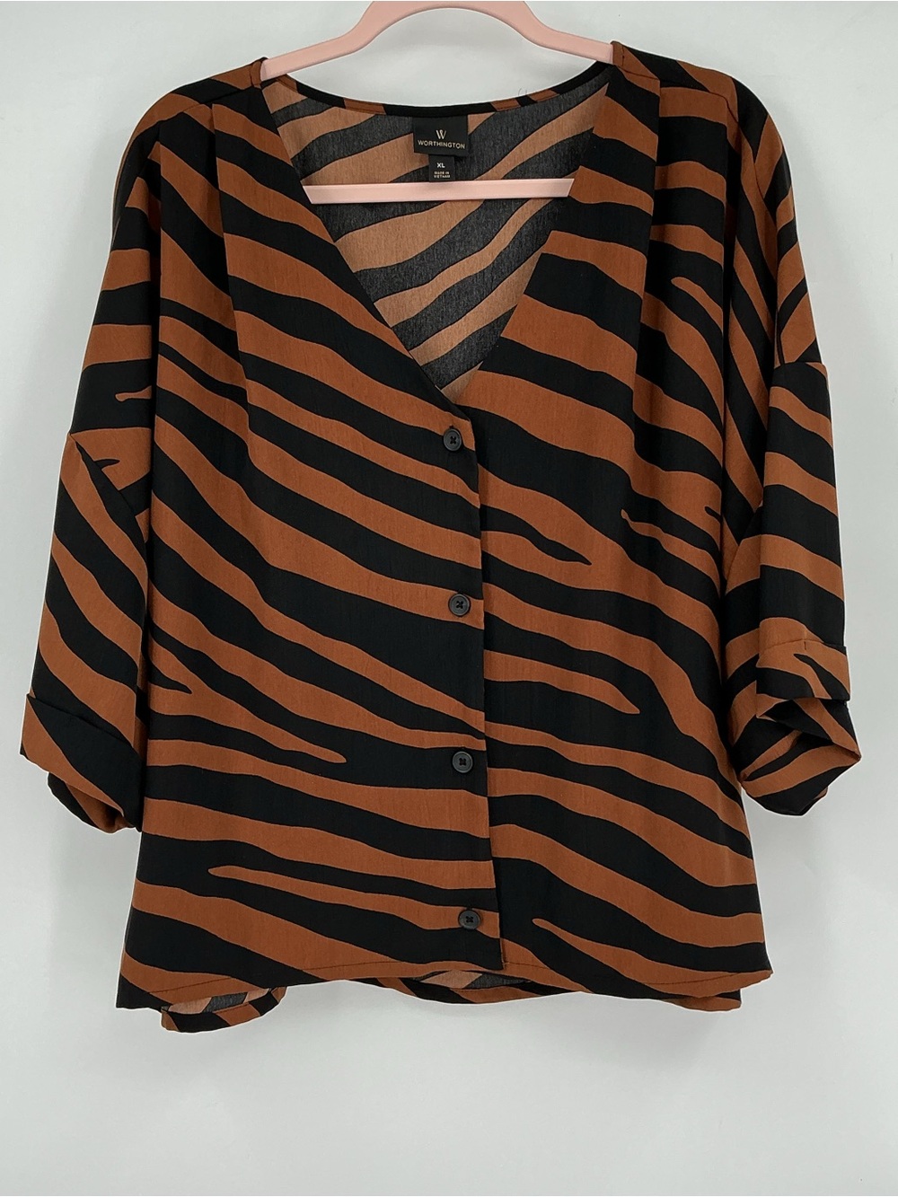 Worthington Black & Brown Zebra Print Button-Front Top